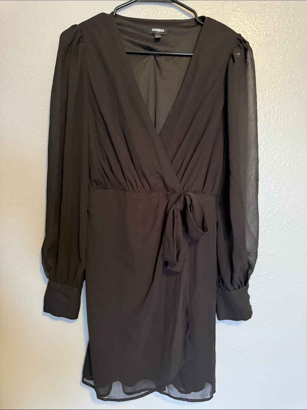 Express Black Long-Sleeve Wrap Dress with Tie Waist